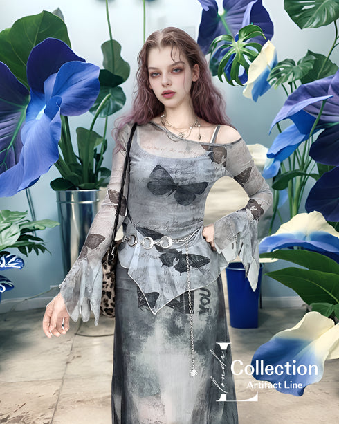 Butterfly Sheer Flare Sleeve Top